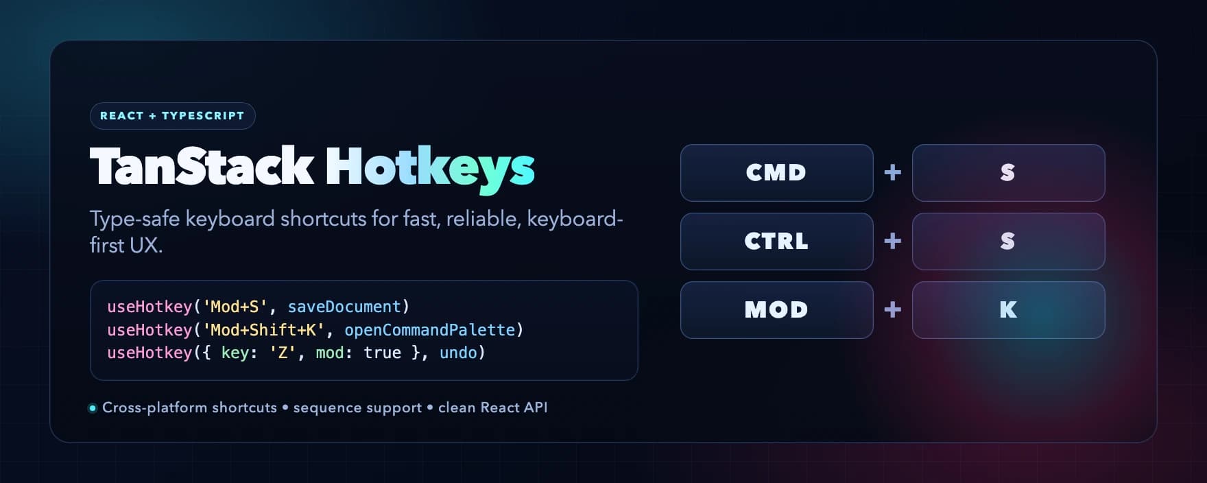 TanStack Hotkeys alpha banner with the title and subtitle about type-safe keyboard shortcuts.